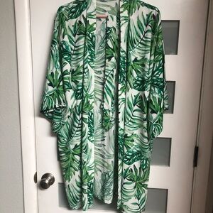 Green Tropical Leaf Print Kimono